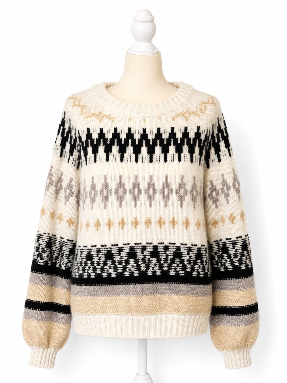 Altar’d State Fair Isle Sweater Large Neutral Balloon Sleeve Cozy Boho Knit NWT